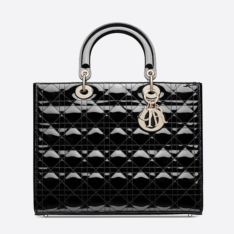 Large Lady Dior Bag In Patent Cannage Calfskin Black/Gold