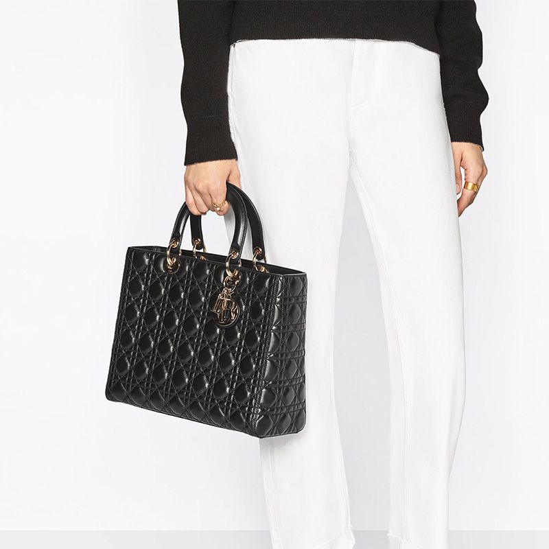 Large Lady Dior Bag In Patent Cannage Calfskin Black/Gold - Image 5