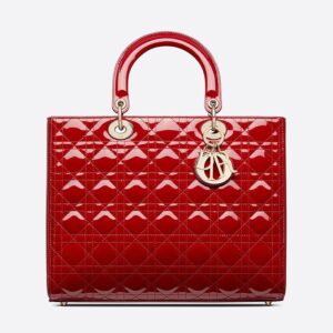 Large Lady Dior Bag In Patent Cannage Calfskin Red/Gold