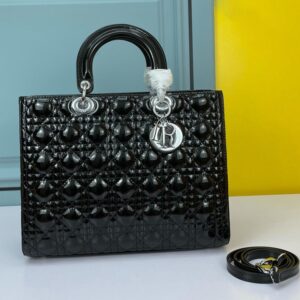 Large Lady Dior Bag In Patent Cannage Calfskin Black/Silver
