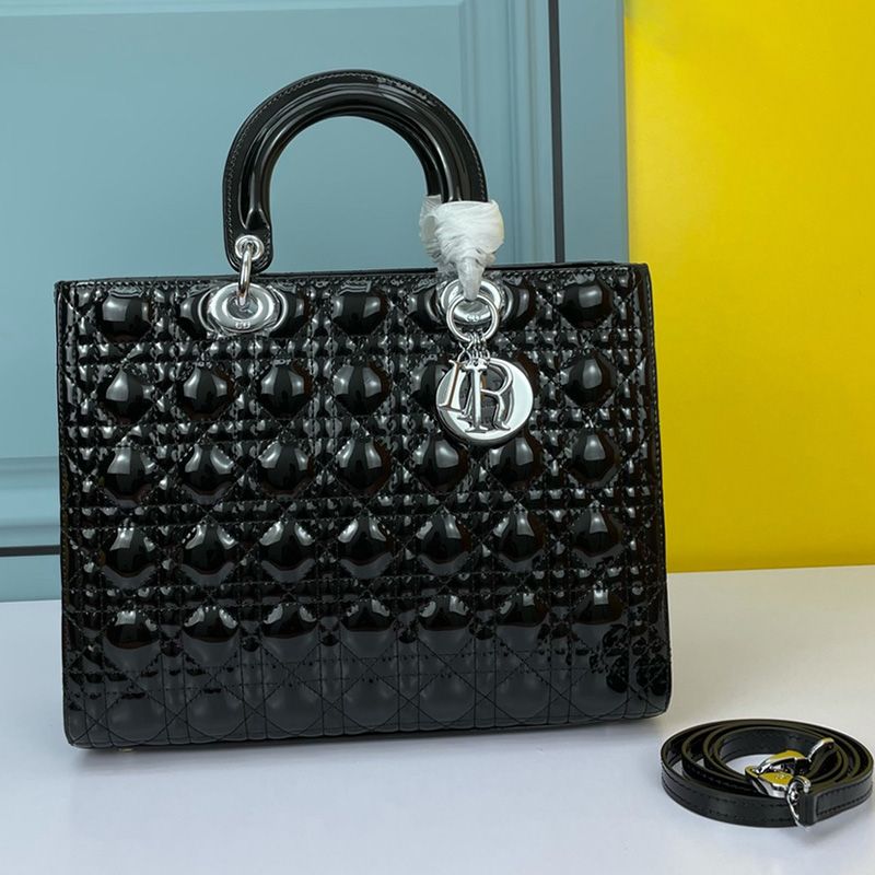 Large Lady Dior Bag In Patent Cannage Calfskin Black/Silver