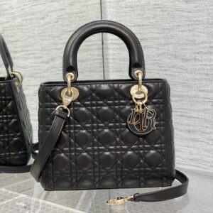 Medium Lady Dior Bag In Enamel Cannage Lambskin Black