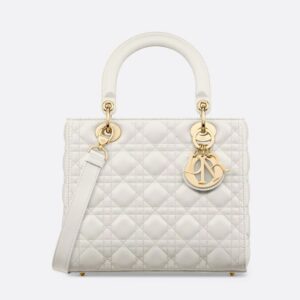 Medium Lady Dior Bag In Cannage Lambskin White/Gold