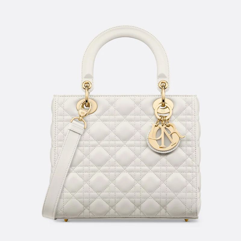 Medium Lady Dior Bag In Cannage Lambskin White/Gold