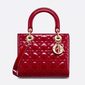 Medium Lady Dior Bag In Patent Cannage Calfskin Red/Gold