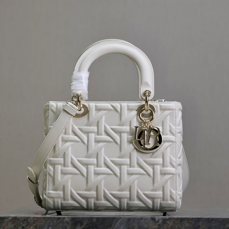 Medium Lady Dior Bag In Graphic Cannage Calfskin White