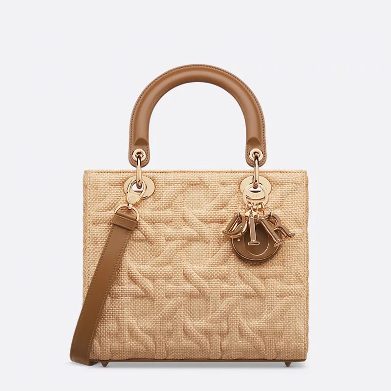Medium Lady Dior Bag In Graphic Cannage Raffia Beige