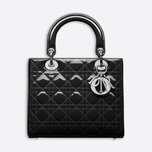 Medium Lady Dior Bag In Patent Cannage Calfskin Black/Silver