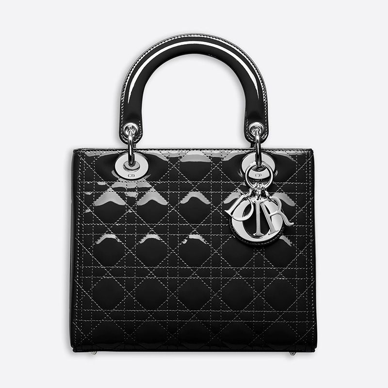 Medium Lady Dior Bag In Patent Cannage Calfskin Black/Silver