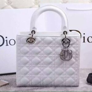Medium Lady Dior Bag In Patent Cannage Calfskin White/Silver