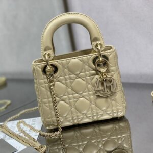Mini Lady Dior Bag In Enamel Cannage Lambskin Apricot