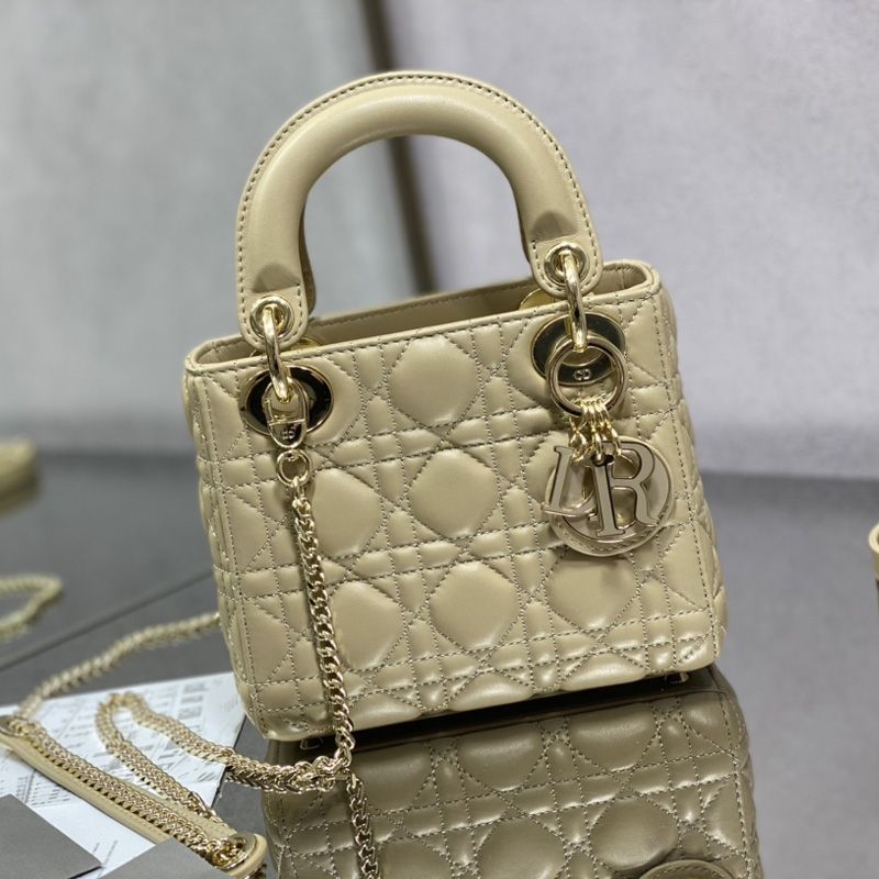 Mini Lady Dior Bag In Enamel Cannage Lambskin Apricot