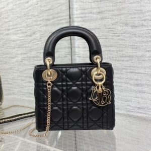 Mini Lady Dior Bag In Enamel Cannage Lambskin Black