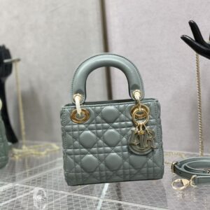 Mini Lady Dior Bag In Enamel Cannage Lambskin Rock Ash