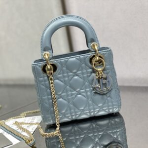 Mini Lady Dior Bag In Enamel Cannage Lambskin Sky Blue