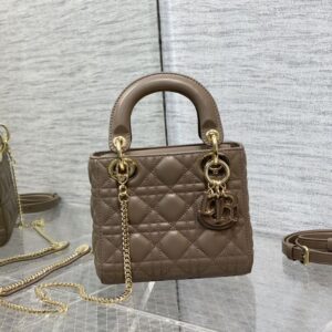 Mini Lady Dior Bag In Enamel Cannage Lambskin Taupe