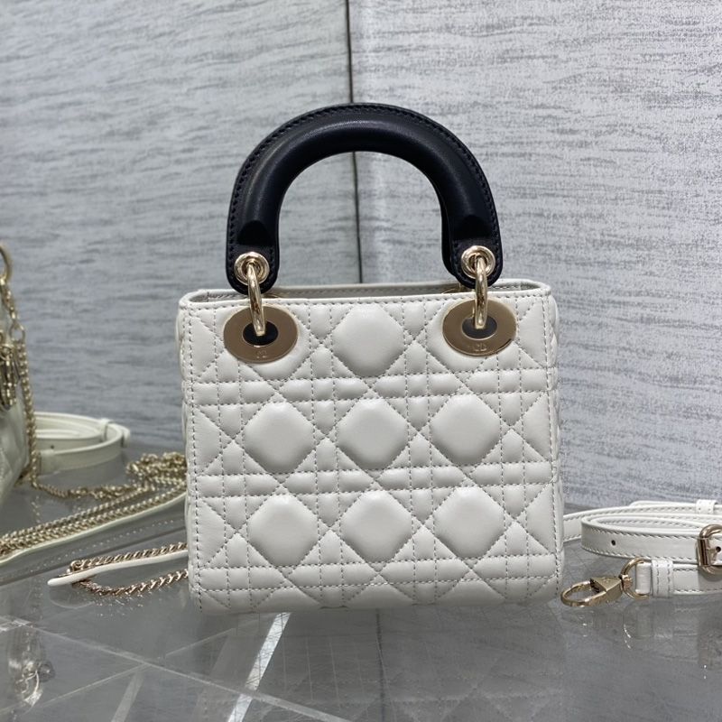 Mini Lady Dior Bag In Enamel Cannage Lambskin White/Black - Image 2