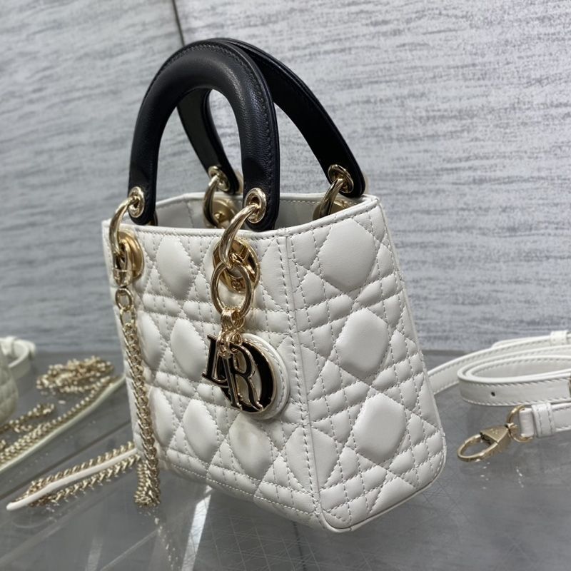 Mini Lady Dior Bag In Enamel Cannage Lambskin White/Black - Image 3