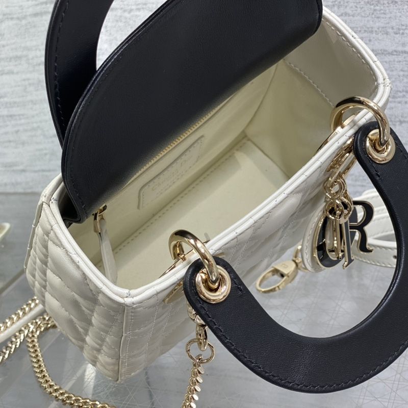 Mini Lady Dior Bag In Enamel Cannage Lambskin White/Black - Image 5
