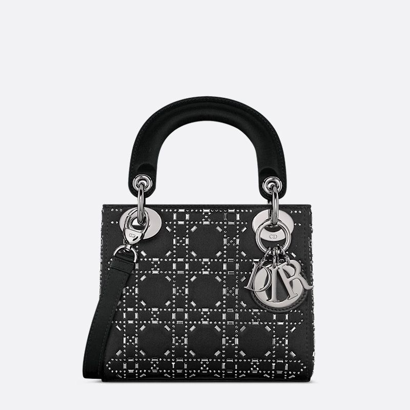 Mini Lady Dior Bag In Strass Cannage Satin Black
