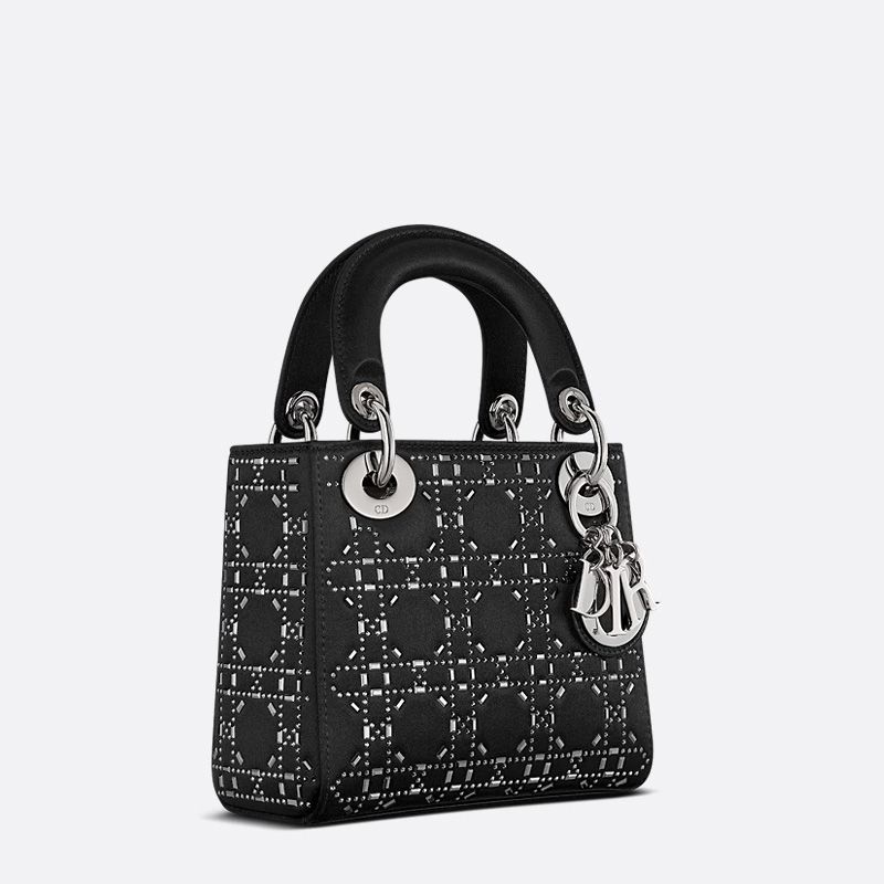 Mini Lady Dior Bag In Strass Cannage Satin Black - Image 3