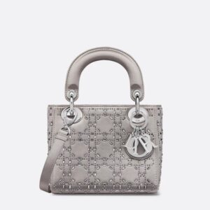 Mini Lady Dior Bag In Strass Cannage Satin Grey