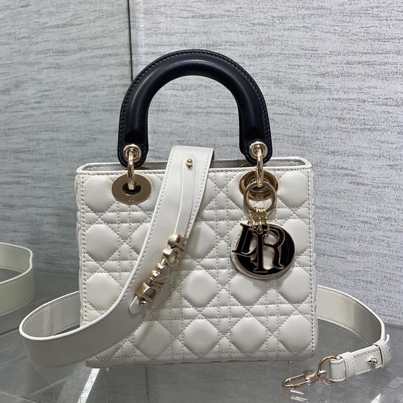 Lady Dior My ABCDior Bag In Enamel Cannage Lambskin White/Black