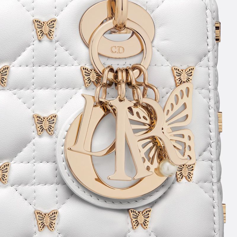 Small Lady Dior Bag with Butterfly Studs Cannage Lambskin White - Image 5