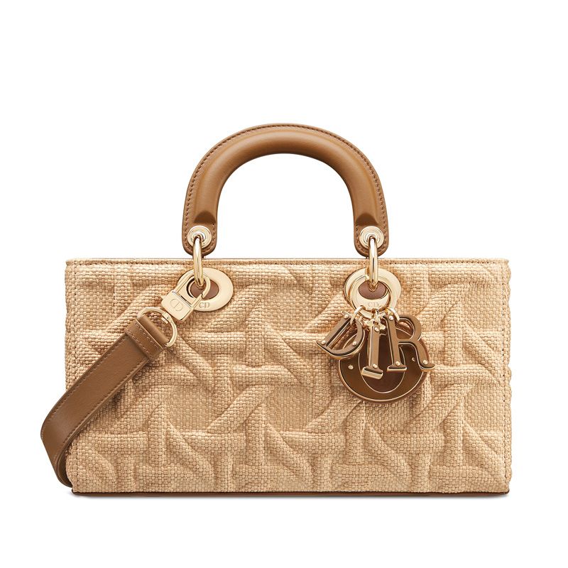 Medium Lady D-Joy Bag In Graphic Cannage Raffia Beige