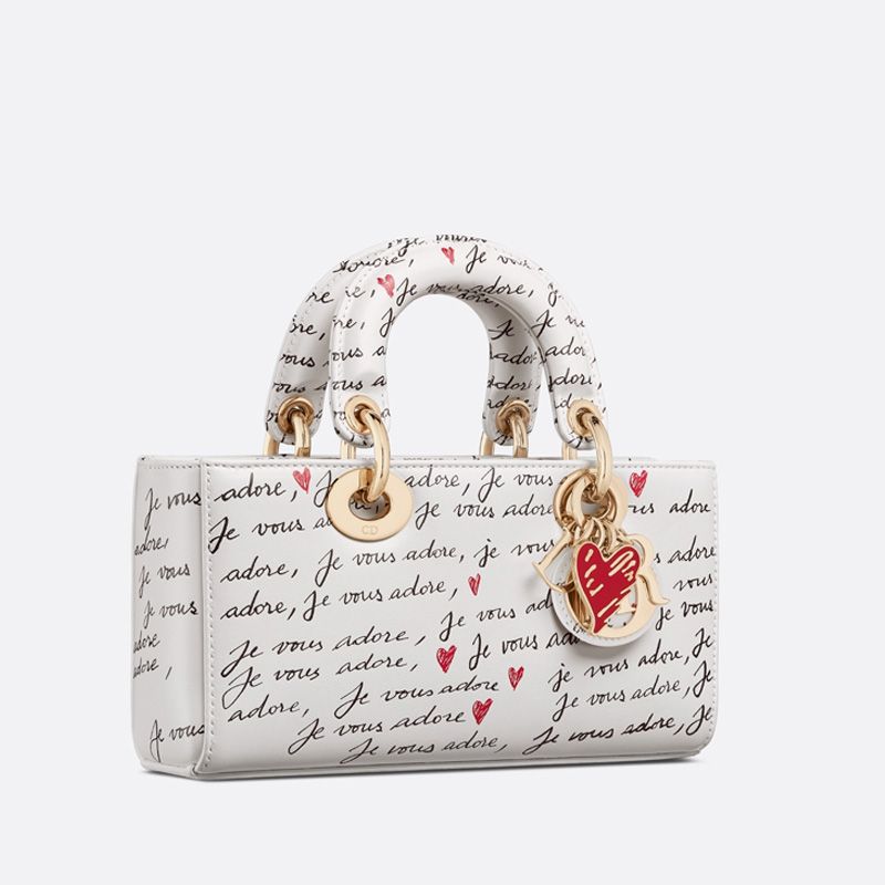 Small Lady D-Joy Bag In Dioramour Je Vous Adore Motif Calfskin White - Image 3