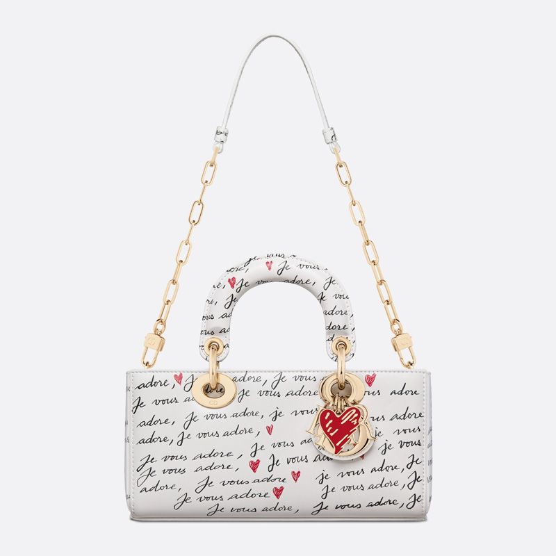 Small Lady D-Joy Bag In Dioramour Je Vous Adore Motif Calfskin White - Image 4