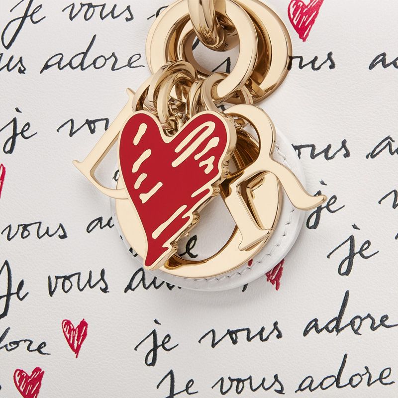 Small Lady D-Joy Bag In Dioramour Je Vous Adore Motif Calfskin White - Image 5