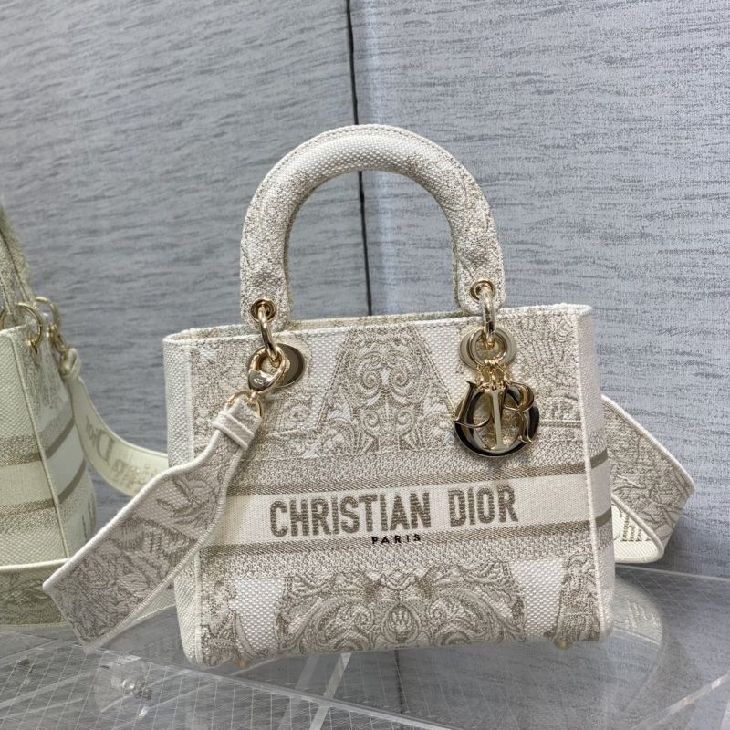 Medium Lady D-lite Bag In Around the World Motif Canvas White/Gold