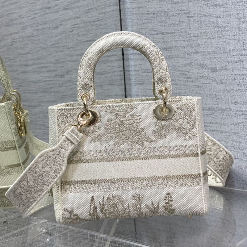 Medium Lady D-lite Bag In Around the World Motif Canvas White/Gold - Image 2