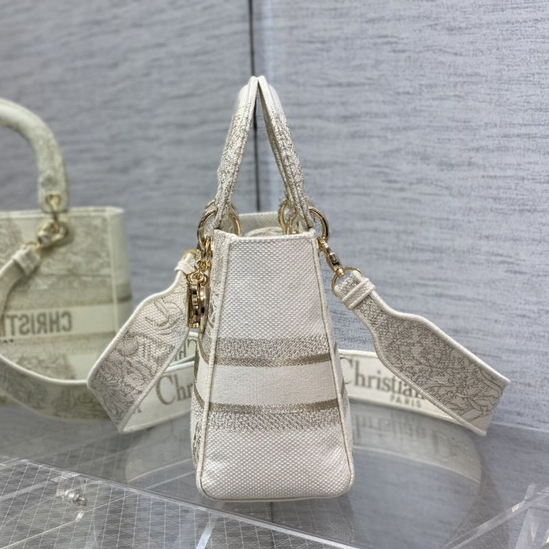 Medium Lady D-lite Bag In Around the World Motif Canvas White/Gold - Image 3