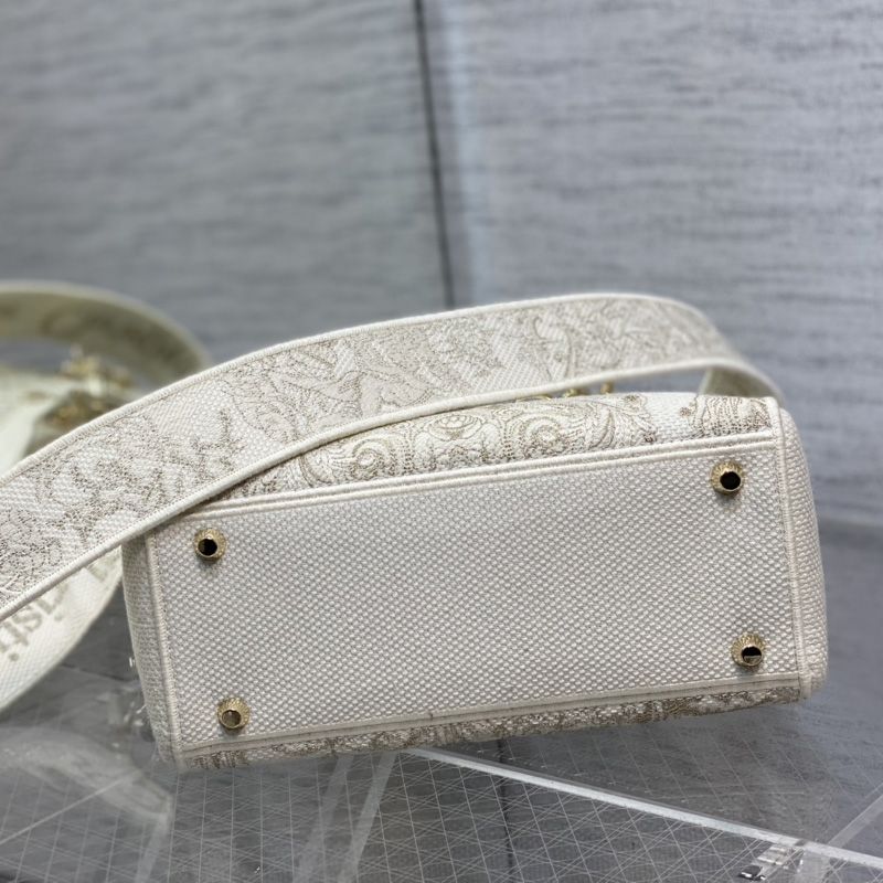 Medium Lady D-lite Bag In Around the World Motif Canvas White/Gold - Image 4