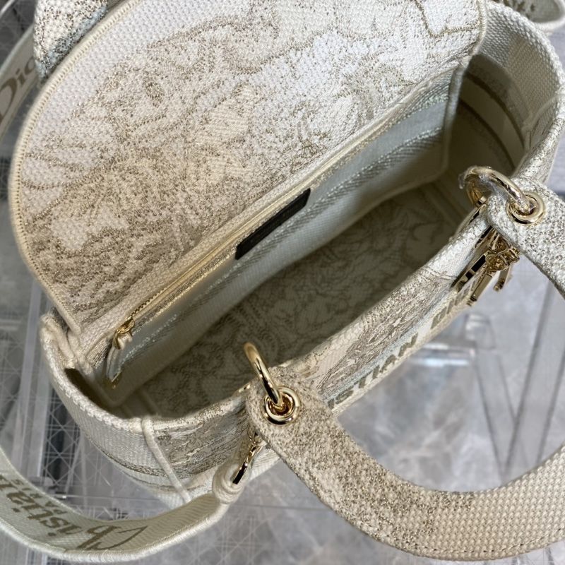 Medium Lady D-lite Bag In Around the World Motif Canvas White/Gold - Image 5