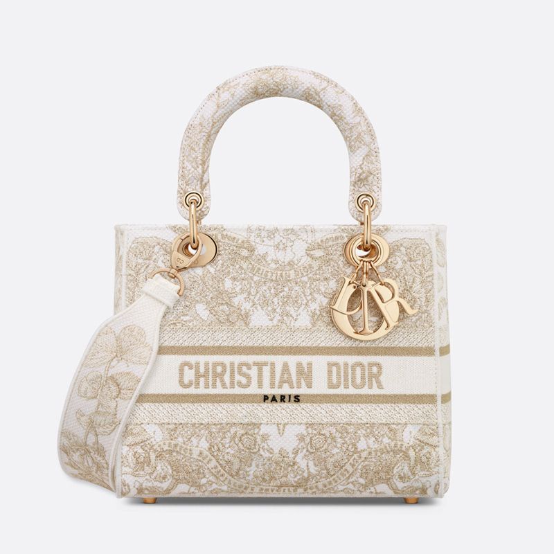 Medium Lady D-lite Bag In Butterfly Around The World Motif Canvas White/Gold