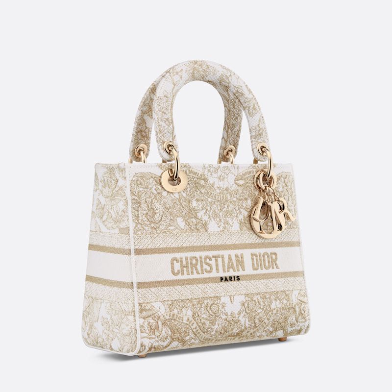 Medium Lady D-lite Bag In Butterfly Around The World Motif Canvas White/Gold - Image 2