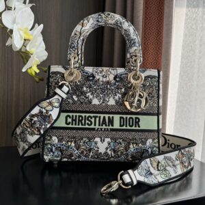 Medium Lady D-lite Bag In Butterfly Around The World Motif Canvas White/Green