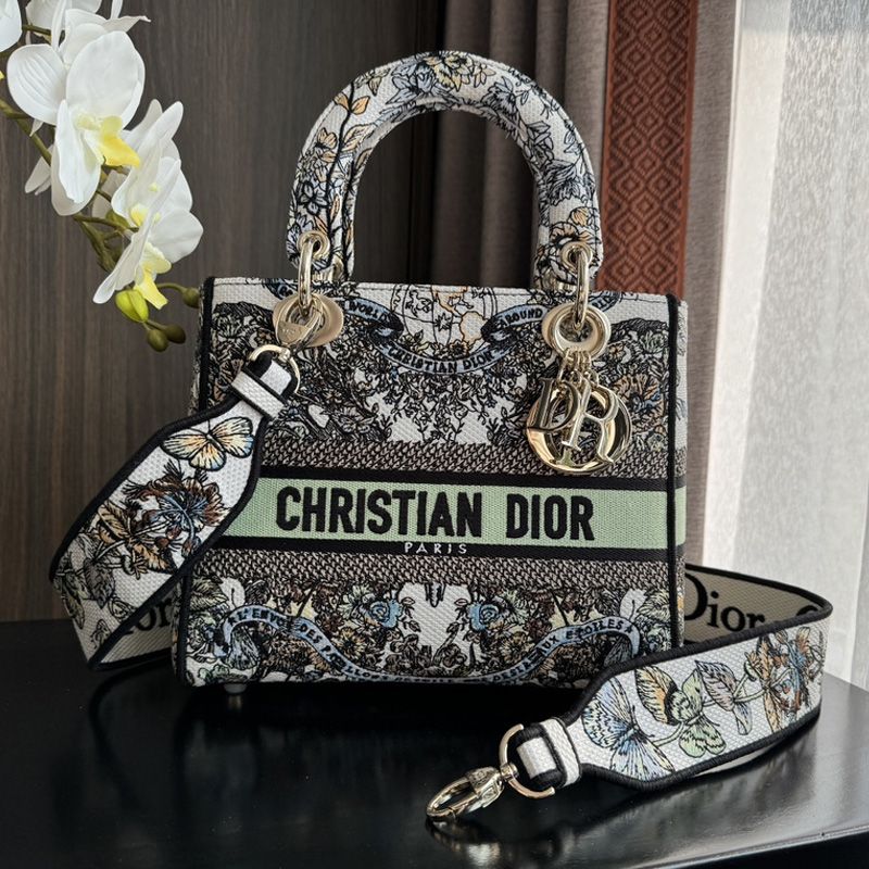 Medium Lady D-lite Bag In Butterfly Around The World Motif Canvas White/Green