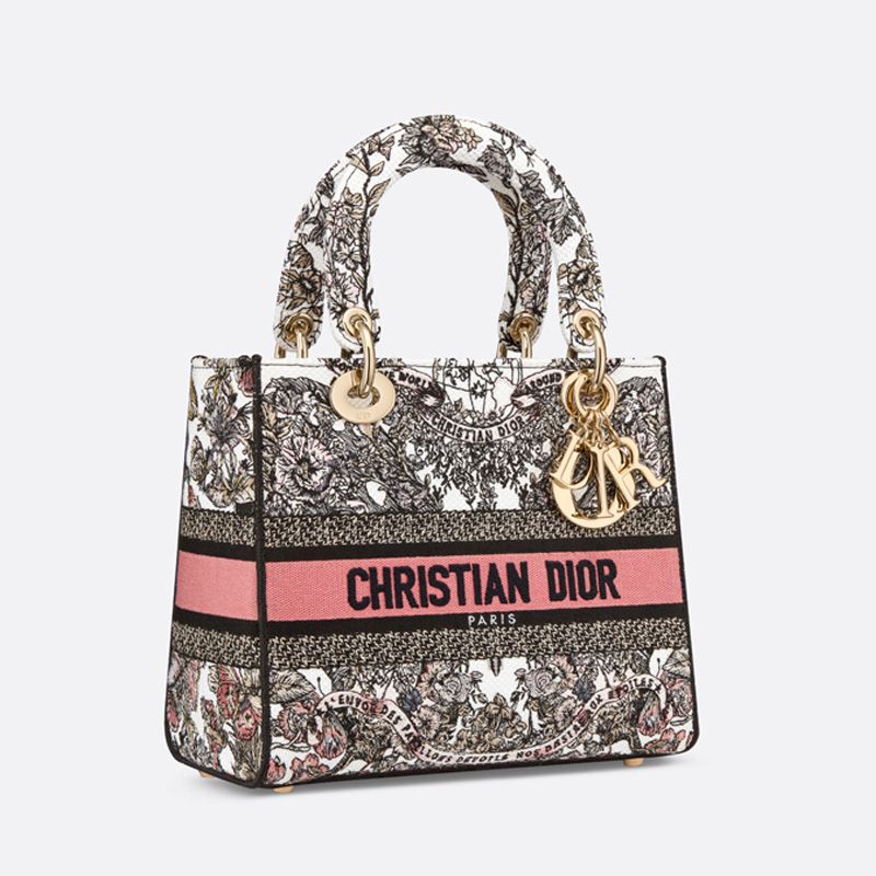 Medium Lady D-lite Bag In Butterfly Around The World Motif Canvas White/Pink - Image 2