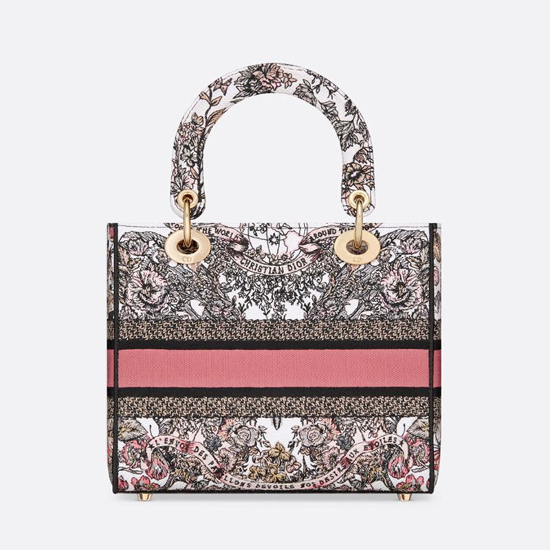 Medium Lady D-lite Bag In Butterfly Around The World Motif Canvas White/Pink - Image 3