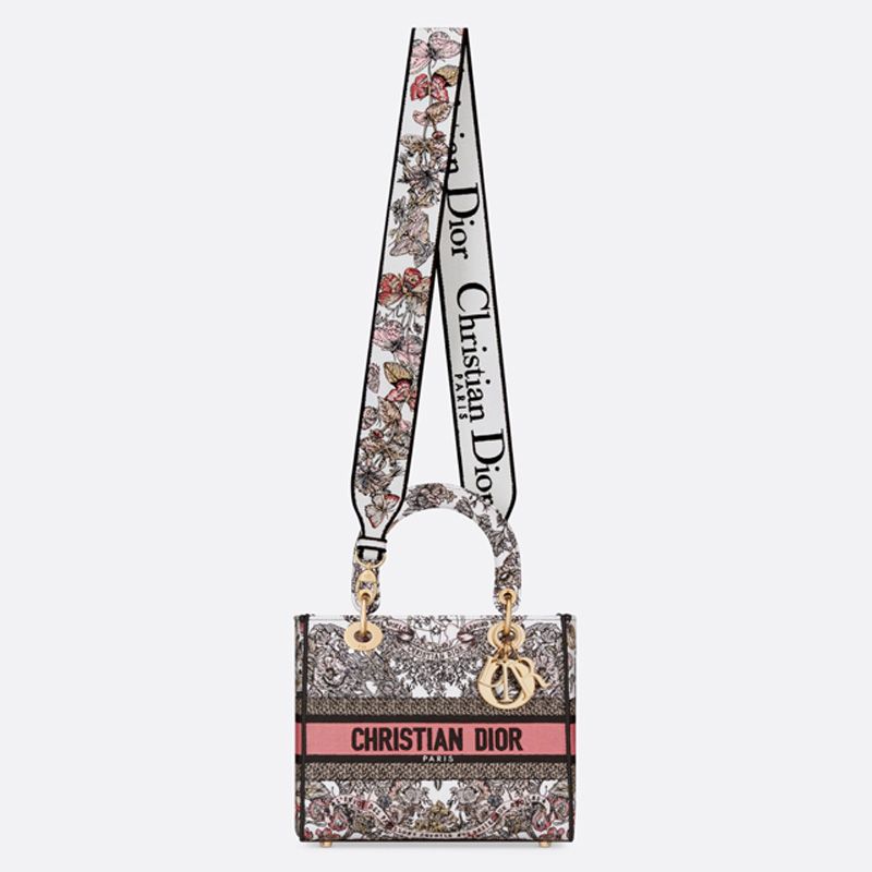 Medium Lady D-lite Bag In Butterfly Around The World Motif Canvas White/Pink - Image 5