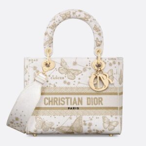 Medium Lady D-lite Bag In Butterfly Zodiac Motif Canvas White/Gold