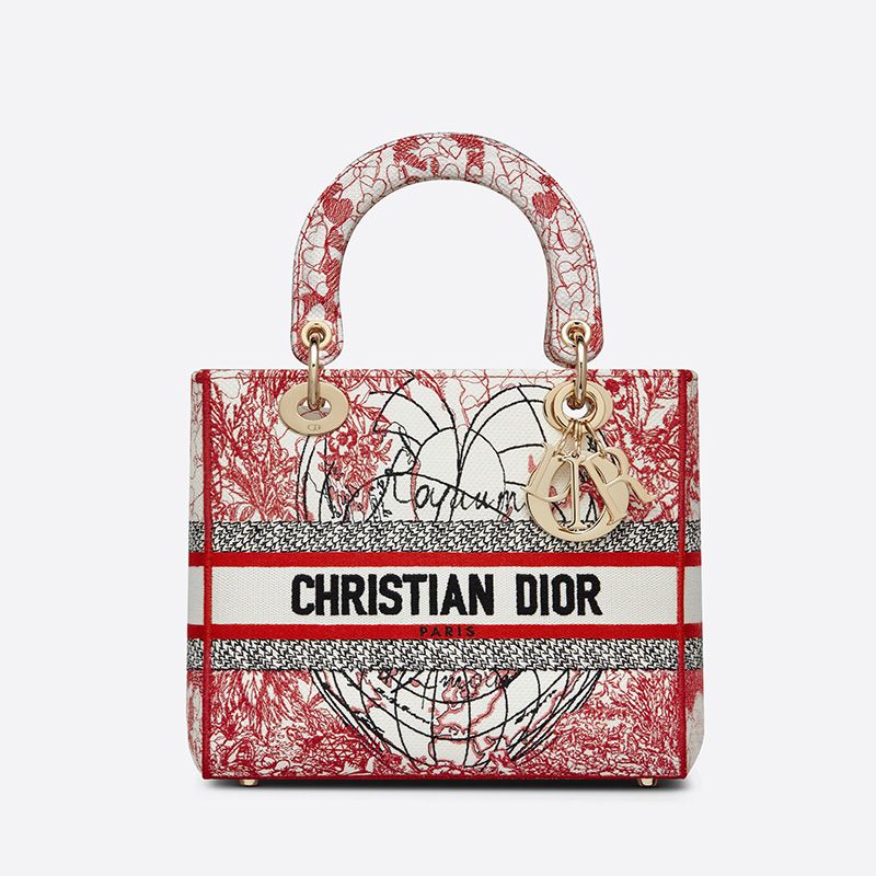 Medium Lady D-lite Bag Dioramour D-Royaume d'Amour Motif Canvas Red/White