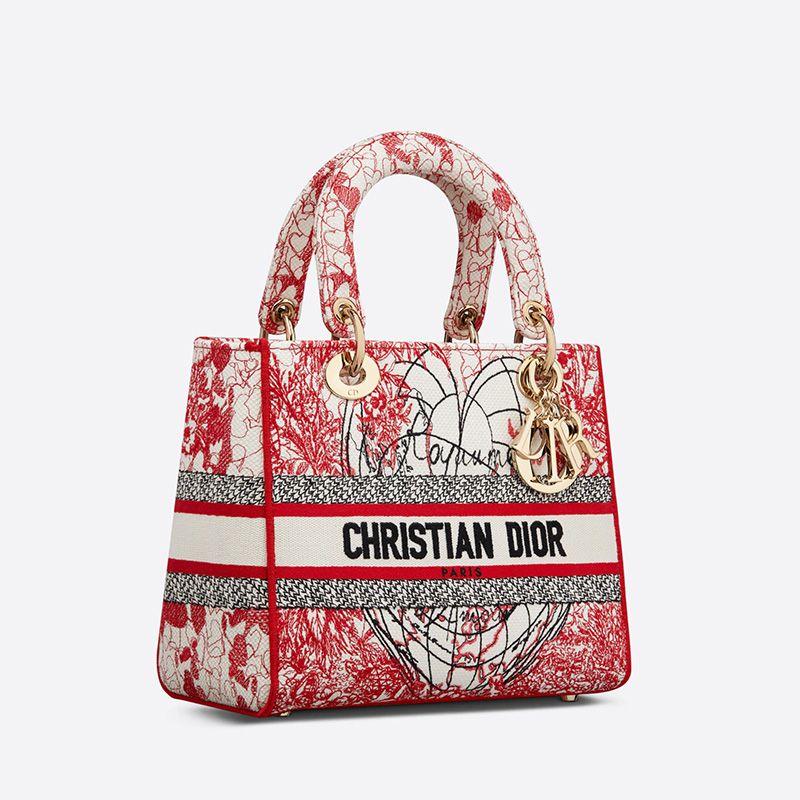 Medium Lady D-lite Bag Dioramour D-Royaume d'Amour Motif Canvas Red/White - Image 2