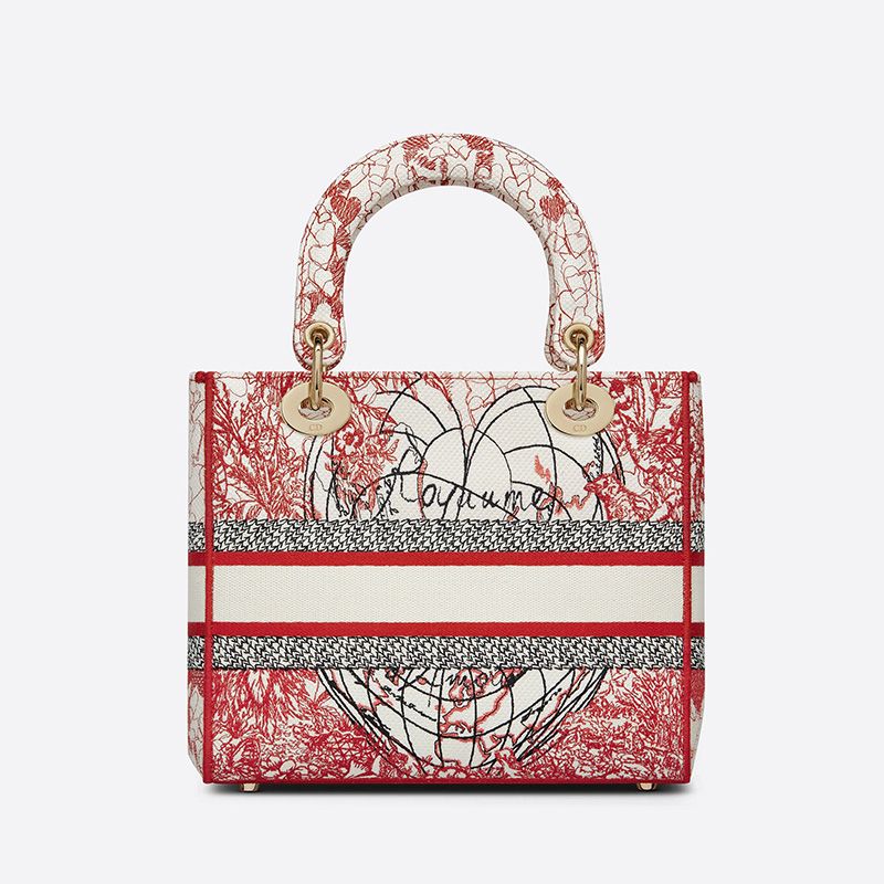 Medium Lady D-lite Bag Dioramour D-Royaume d'Amour Motif Canvas Red/White - Image 3