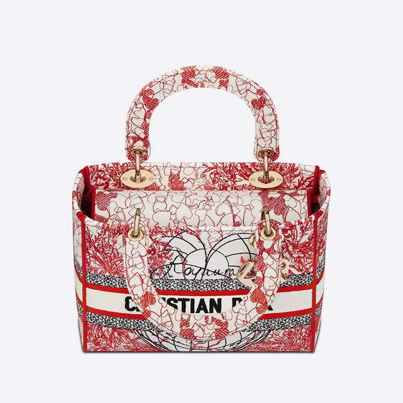 Medium Lady D-lite Bag Dioramour D-Royaume d'Amour Motif Canvas Red/White - Image 4