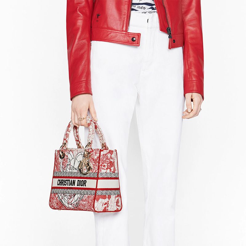 Medium Lady D-lite Bag Dioramour D-Royaume d'Amour Motif Canvas Red/White - Image 5